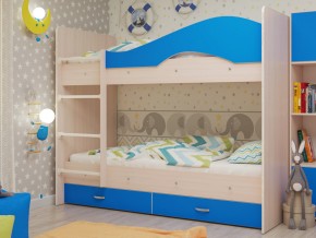 Кровать 2-х ярусная Мая с ящиками на латофлексах млечный дуб/синий в Челябинске - mebel74.com | фото